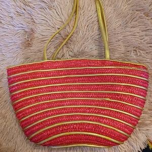 Whimsical Vintage 70s Pink and Gold Woven Raffia Straw Zippered Tote